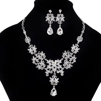 £5.99 • Buy Crystal Water Droplets Flowers Silver Necklace Earrings Set Costume Jewellery