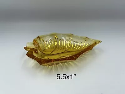 Vintage Mid Century Modern Amber Glass Leaf Dish Trinket Plate 5.5x1” • $8