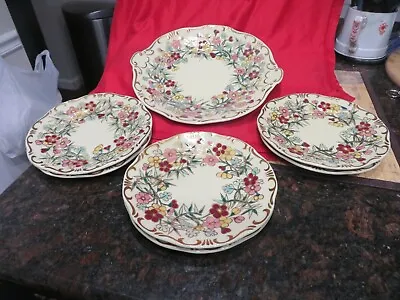 $210 • Buy ZSOLNAY HUNGARY PECS 6 Hand Painted Dessert Plates & Serving Plate