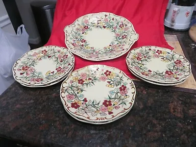 ZSOLNAY HUNGARY PECS 6 Hand Painted Dessert Plates & Serving Plate • $357.72