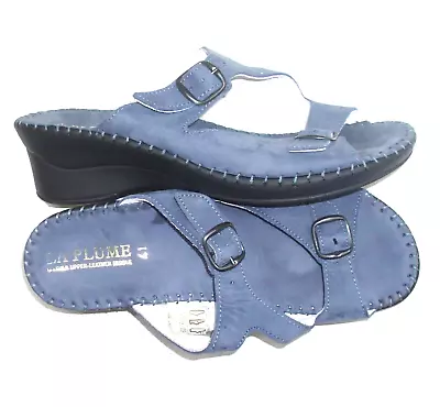 LA PLUME Jen 10 / 41 Denim Blue Nubuck Wedge Heel Backless Buckle Sandal Shoes • $24.99