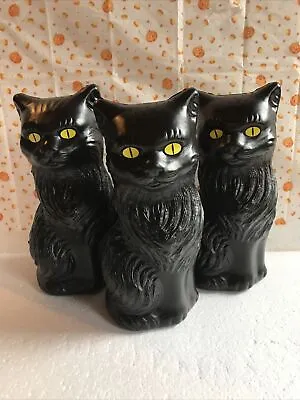 Blow Mold Black Cats Halloween Decorations Spooky Yellow Eyes 11” Lot Of 3 • $29.99