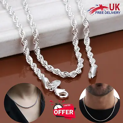 New Solid 925 Silver Twisted Rope Chain Mens Womens Stainless Steel Necklace 3mm • £4.99