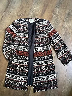 Vintage Spencer Jeremy | 100% Silk Long Collarless Tribal Blazer Size 12  • $20