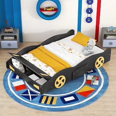 Full Size Race Car-Shaped Platform Bed With Wheels And Storage Black+Yellow • $309.60