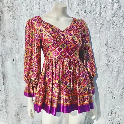 Vintage YOUNG INNOCENT 1960s 70s Satin Boho Mini Dress Arepja Psychedelic XS • $196.99