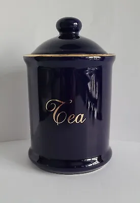 Blue Tea Ceramic Storage Jar Cannister With Lid & Gold Writing Vintage 1990's • £8.99