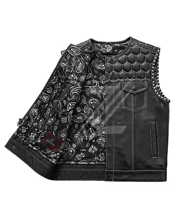 Men's Club Style Bikers Leather Vest White Honey Comb Quilted Motorcycle Vest • $162