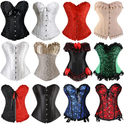 Size 6-24 Women Overbust Boned Black Corset Top Burlesque Basque Lace Up Costume • £23.79