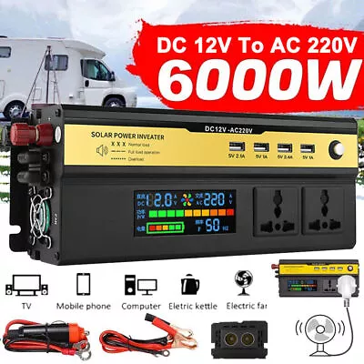 6000W Car Power Inverter Converter DC 12V To AC 240V 4 USB 2 UK Socket Sine Wave • £32.99