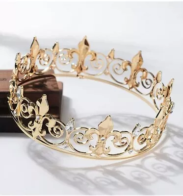 Eseres Gold King Crown For Men Full Round Fleur De Lis Crown Prom Queen Crowns • $24.99