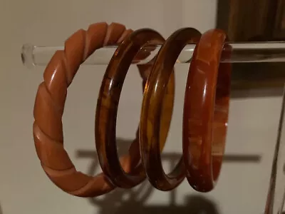 Vintage 4 Amber Bangle Bracelets 2 Lucite 2 Bakelite - One Carved / One Marbled • $40