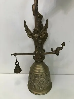 Vintage Brass Wall Mount Hanging Bell W/Winged Woman Figure 16 1/2  Tall 8  W • $139.99