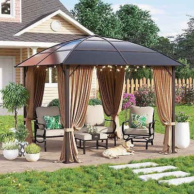 10x10 Hardtop Gazebo With Aluminum Frame Curved Roof Canopy W/ Netting & Curtain • $598.99