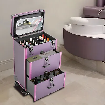 Purple Rolling Aluminum Makeup Train Case Salon Cosmetic Trolley Organizer Box • $75.05