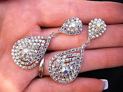 AB Crystal Earrings Long Drop Dangle Wedding Bride Bridal Pageant Prom Jewelry • $149.99