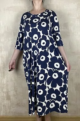 Marimekko Viscose White Blue Big Floral Print Short Sleeve Midi Dress Size L • $80