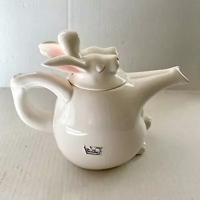 Vintage 1970s Fitz & Floyd Bunop Hop Teapot White Rabbit Tango Dance! So Cute!!! • $42.95