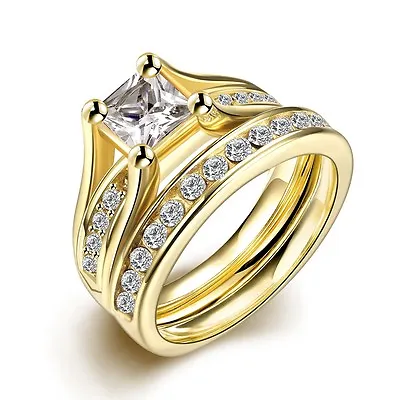 Stainless Steel Set Ring Yellow Gold AAA Zirconia Women B438 • $13.99