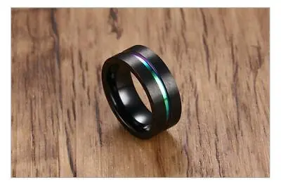 Black Stainless Steel Ring Thin Rainbow Line Wedding Band Male Jewelry Unisex • £3.99