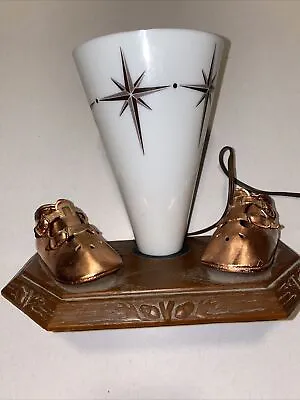 Vintage Mid Century Bronzed Baby Shoes TV Lamp With Starburst Cone Shade • $50