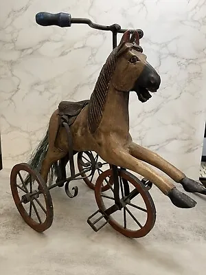 Vintage Wooden & Metal Tricycle Hand Carved Horse Working Pedels/Wheels Saddle  • $200