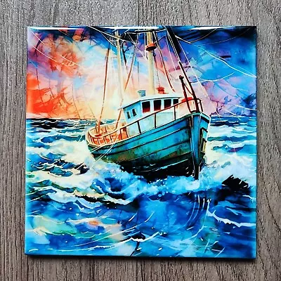 Ceramic Picture Tile Wall Photo Tile Art Tile Watercolour Fishing Boat Sea Decor • £19.99