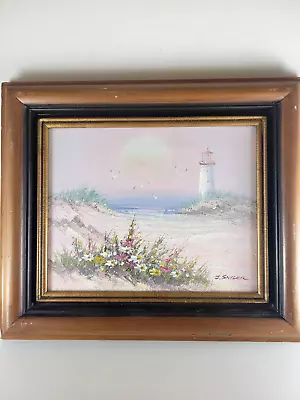 Vintage 90's Oil Painting On Canvas Lighthouse Beach Seascape Signed J. Snider • $24.99