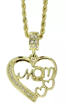 Mom Heart CZ Pendant Icy 14k Gold Plated W/ 24  Rope Chain Women's Jewelry • $9.45