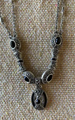 Vintage Monet  Black Onyx Marcasite  Silver Necklace 16 Inches • $45