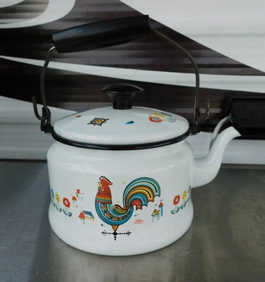 $15 • Buy Vintage Berggren Enamel Tea Pot Swedish Design With Wood Handle Small
