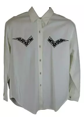 Longhorn Mens Ivory White Black Embroidered  Long Sleeve Western Shirt Sz Medium • $19.99