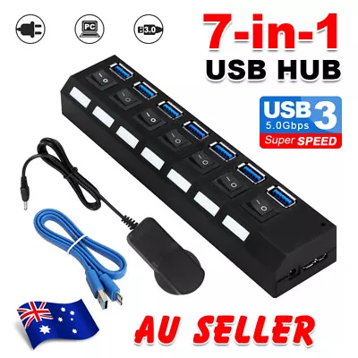 7 Port 3.0 USB Hub Splitter Multi Multiple On/Off Power Switch Adapter W/Cable • $20.95