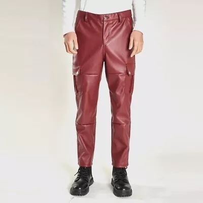 Men Faux Leather Pants With Pockets Motorcycle Biker Slim PU Trousers Punk Rock • $38.94