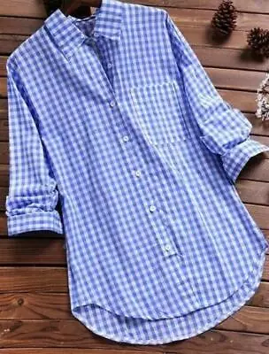 Size Womens Long Ladies Sleeve Check Plaid Loose Casual Tops Shirt Blouse Plus • £24.79