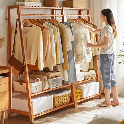 Bamboo Clothes Hanging Garment Rack Heavy Duty Laundry Rack Cloest Storage Shelf • $69.97