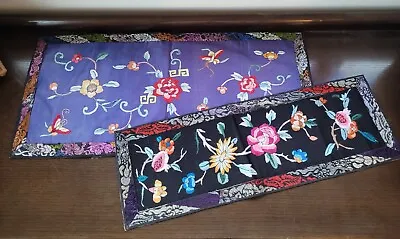 2 Pretty Vintage CHINESE Silk Embroidery FLOWERS Textiles Panels Runners • $28