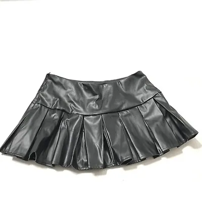 Pleated Vegan PU Leather Mini Skirt Women's S Black Flat Front Flare Short New • $8.18