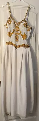 Elegant White & Gold Spaghetti Strap Dress. Sleeveless. Beaded. See Size Notes! • $23