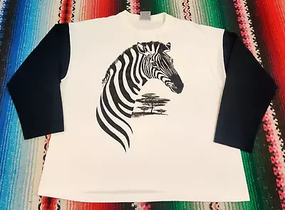 Vintage 90's Zebra Art Tee 3/4 Sleeve Single Stitch T Shirt Made In USA Size Med • $14.99