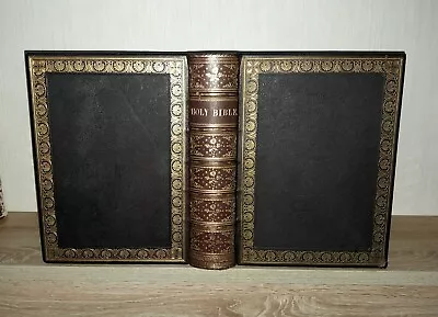Stunning Large Antique Holy Bible 1860 Fine Binding Rare Printing Plates • £20