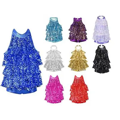 Girls Sequins Halter Jazz Latin Dance Tassel Dress Modern Performance Costume • £14.94