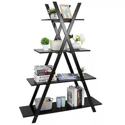 A Frame Bookcase Bookshelf 4 Tier Ladder Shelf Storage Display Modern Black  • $57.58