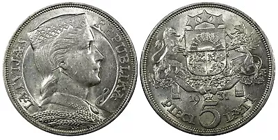 LATVIA Silver 1931 5 Lati Maiden's Head 37 Mm XF KM# 9 (24 337) • $49.95