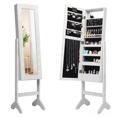 Giantex LED Light Jewelry Armoire Mirrored Cabinet Standing Organizer White • $119.95