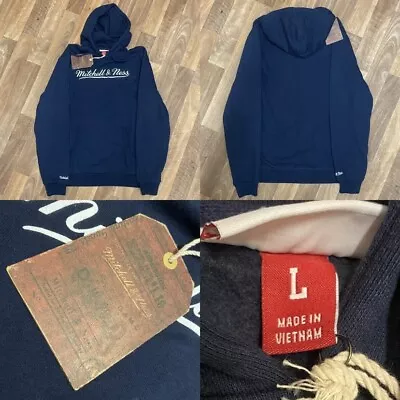 OFFICIAL BNWT Men’s L Mitchell & Ness Navy Script Logo Hooded Sweatshirt Hoody • £39.99