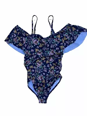 PinkBlush Blue Floral Ruffle Trim Ruched One-Piece Maternity Swimsuit Size Small • $15