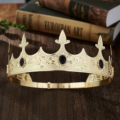 Vintage Crystal Full Round Gold King Crown Medieval Men's / Queen Metal Crown • $17.98