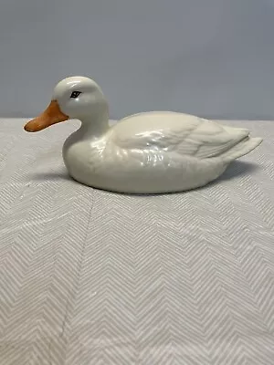 Vintage Ceramic Duck Figurine Signed JS 85 Beautiful White !! 11.5 “ X 5” • $24