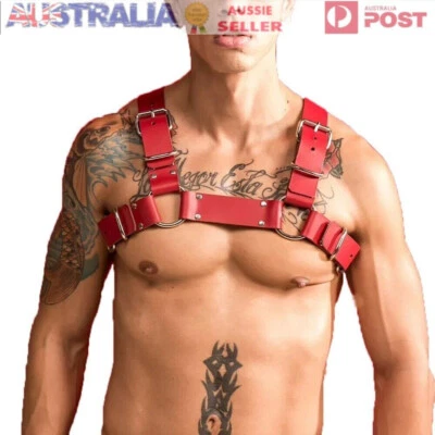 Men Leather Harness Strap Adjustable Gay Chest Red Bondage Rivet Belt Restraint • $15.98